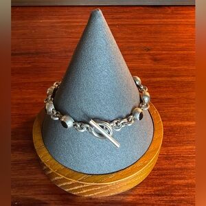 Sterling Silver Black Onyx Bead Link Bracelet Mexico 925 Toggle Clasp